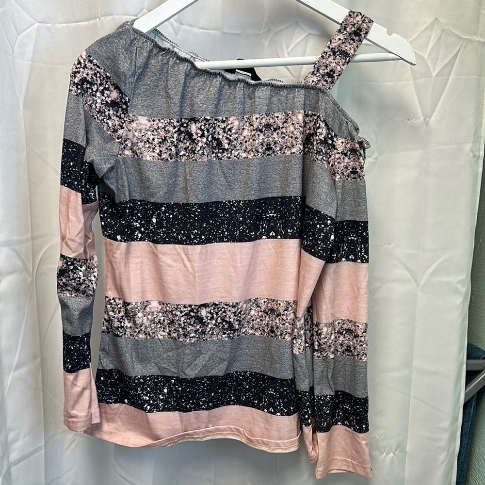Y2K Asymmetrical Striped Blouse in Pink, Black, and Gray